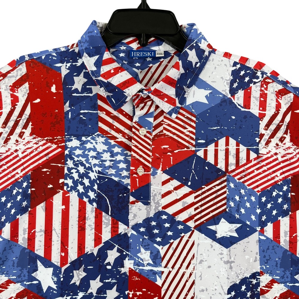 Hreski Performance Golf Polo Mens XXL American Flag Geometric Patriotic